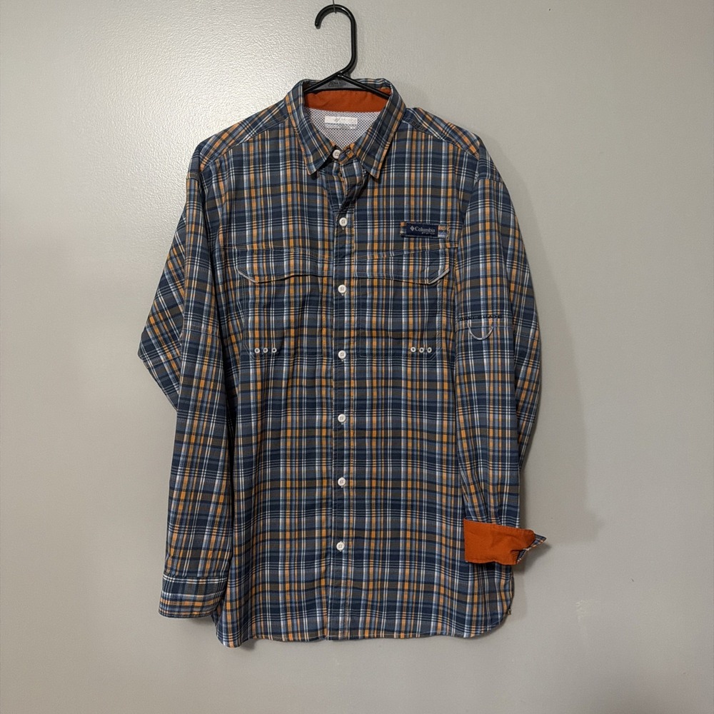 Columbia PFG Omni-Shade Vented Fishing Shirt Men's M Plaid Orange Flip Cuff